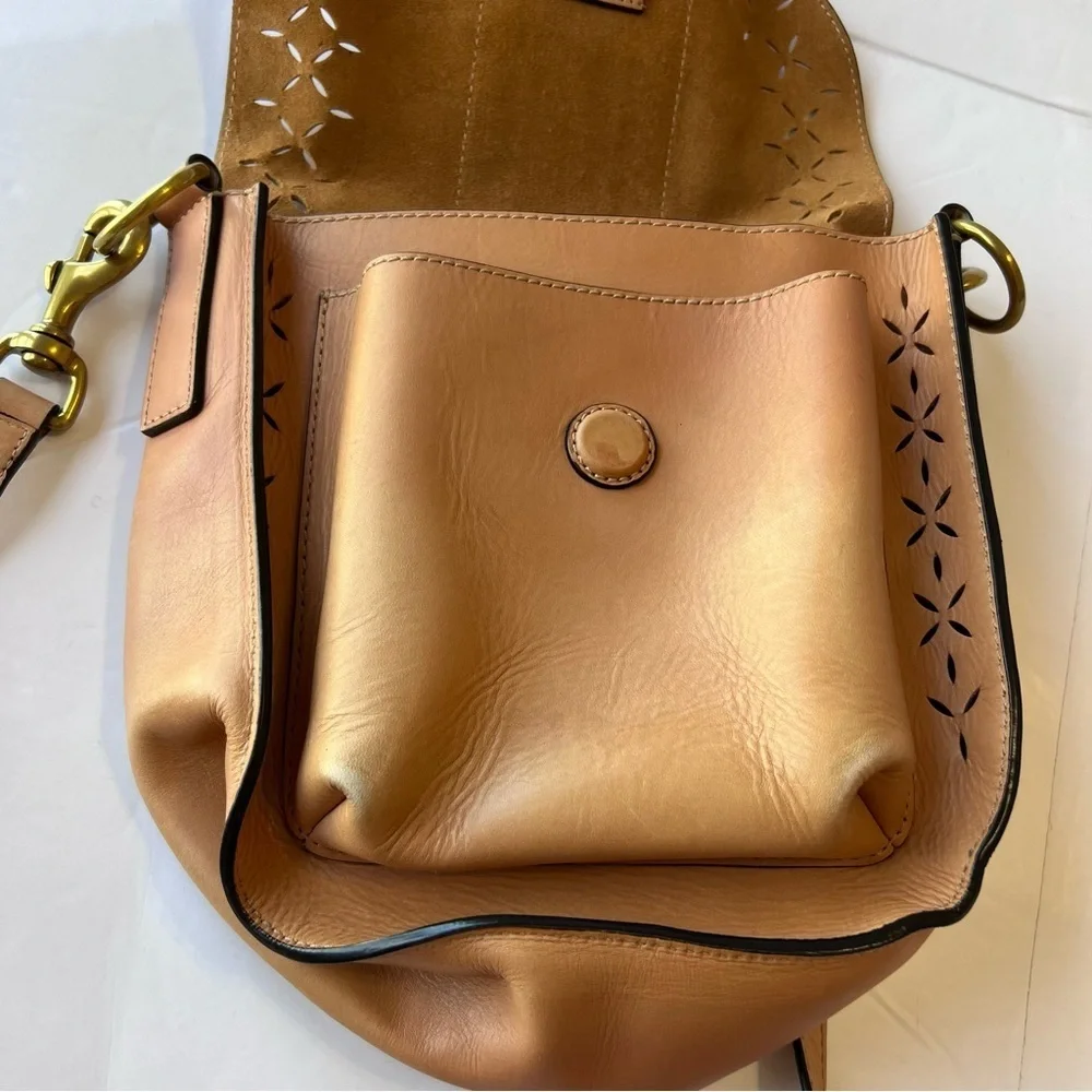 FRYE Ilana Perforated Harness Saddle Crossbody Small Leather Bag Purse Tan